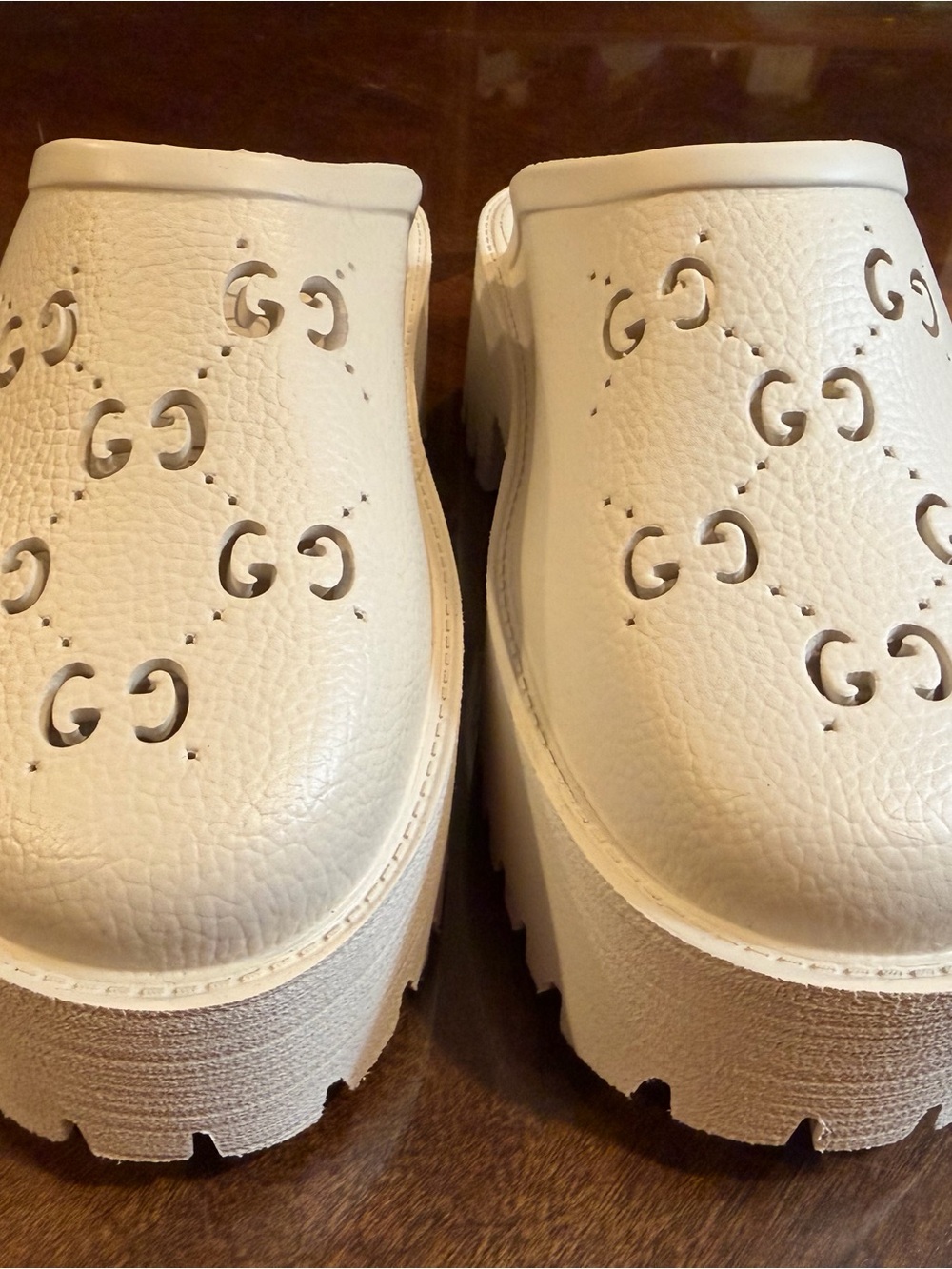 Gucci White Leather Platform Clog - Designer Monogram Detail